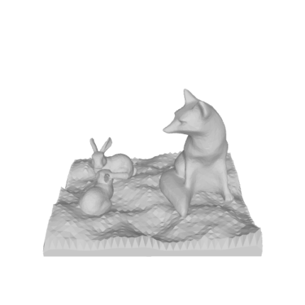 3D model of fox, rabbits on terrain.