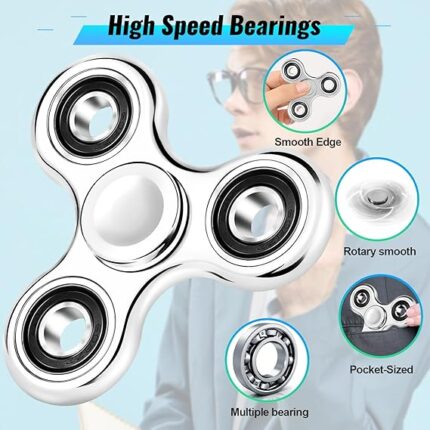 High-speed silver fidget spinner with multiple features.